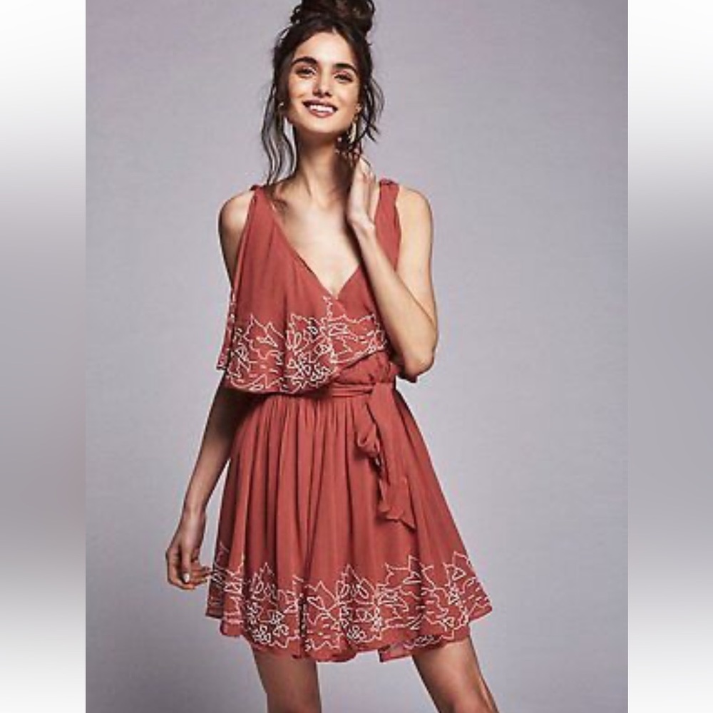 Free People Sylvia Beaded Mini Wrap Dress XS dusty rose